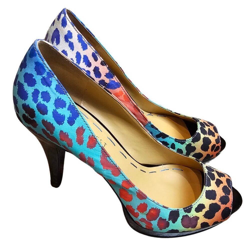 NINE WEST Leopard Print Heels Size 5.5 M Open Toe Colorful Dopamine Y2K Clubbing